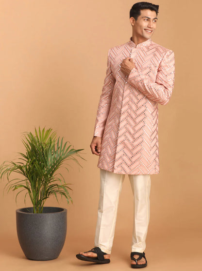 Ensemble Homme Kurta scintillant à motif rose clair avec pantalon uni