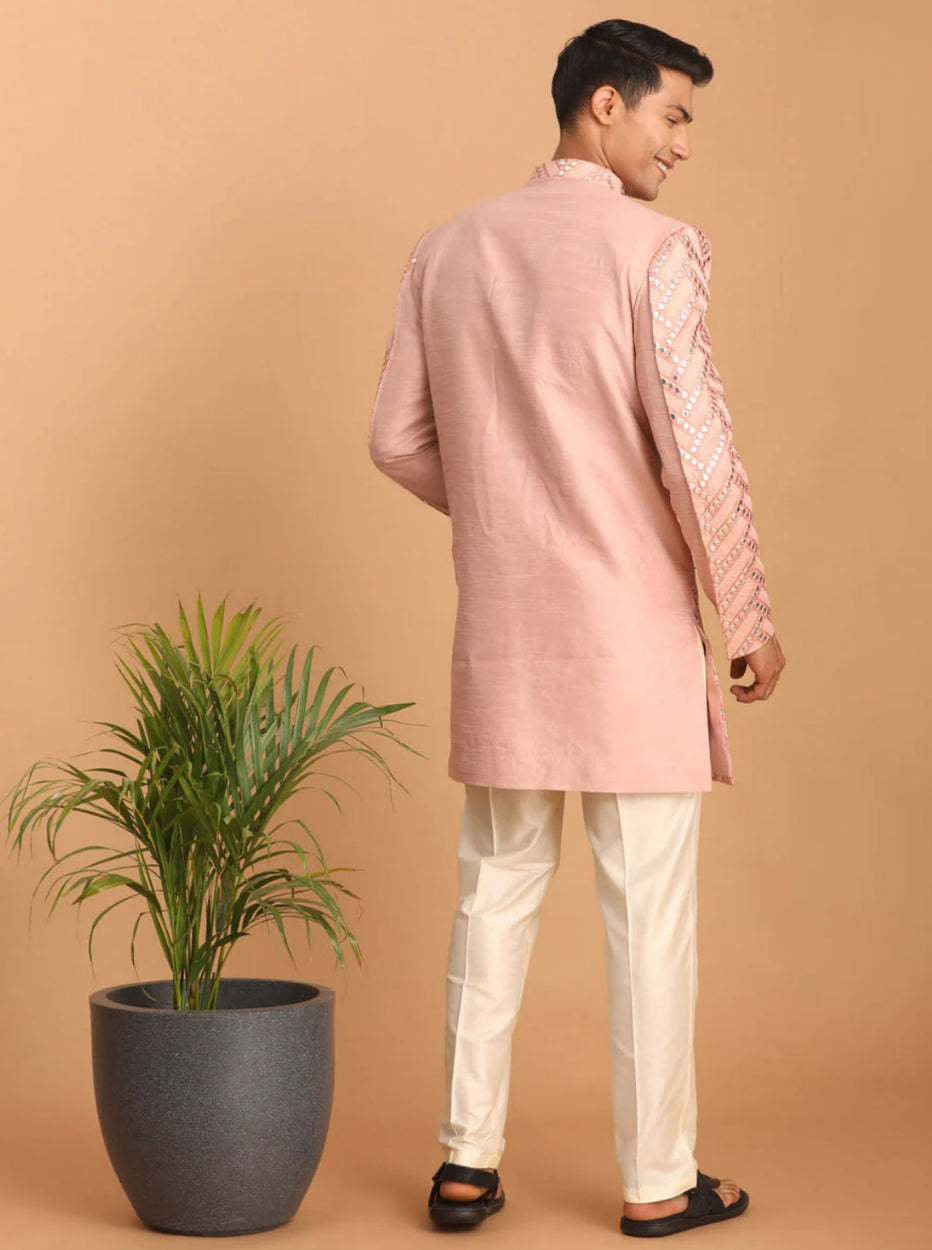 Ensemble Homme Kurta scintillant à motif rose clair avec pantalon uni