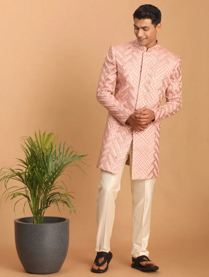 Ensemble Homme Kurta scintillant à motif rose clair avec pantalon uni