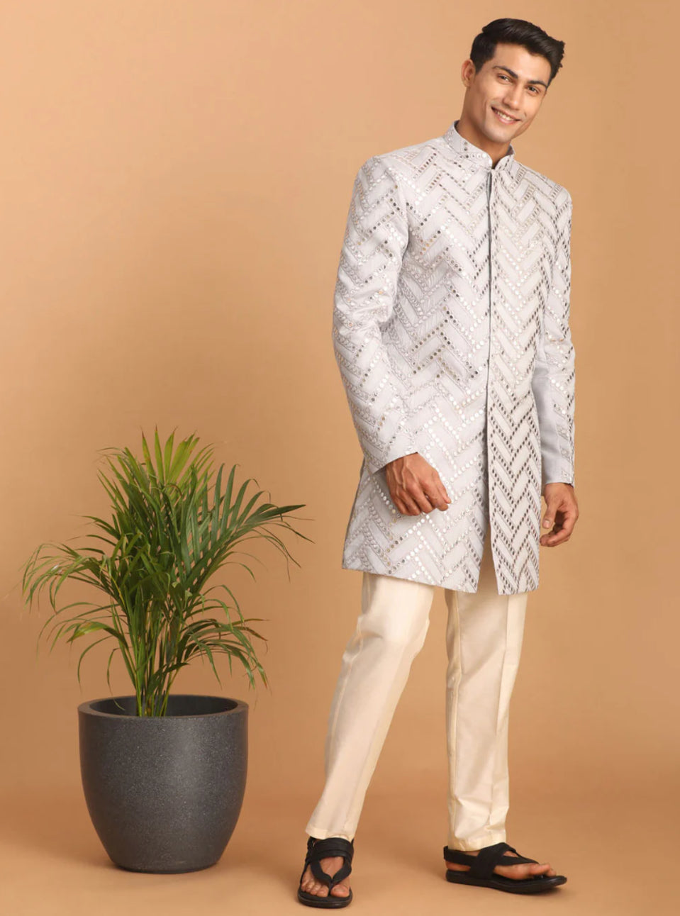 Ensemble Homme Kurta scintillant à motif bleu clair avec pantalon uni