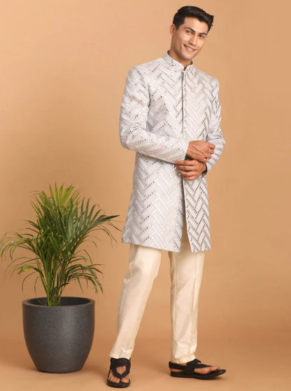 Ensemble Homme Kurta scintillant à motif bleu clair avec pantalon uni