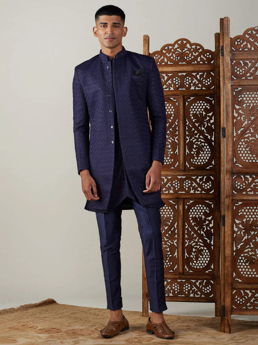 Ensemble Homme Sherwani avec Kurta Bleu Marine en Jacquard Premium