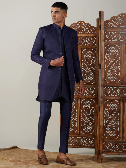Ensemble Homme Sherwani avec Kurta Bleu Marine en Jacquard Premium