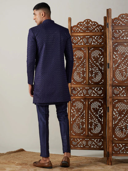 Ensemble Homme Sherwani avec Kurta Bleu Marine en Jacquard Premium