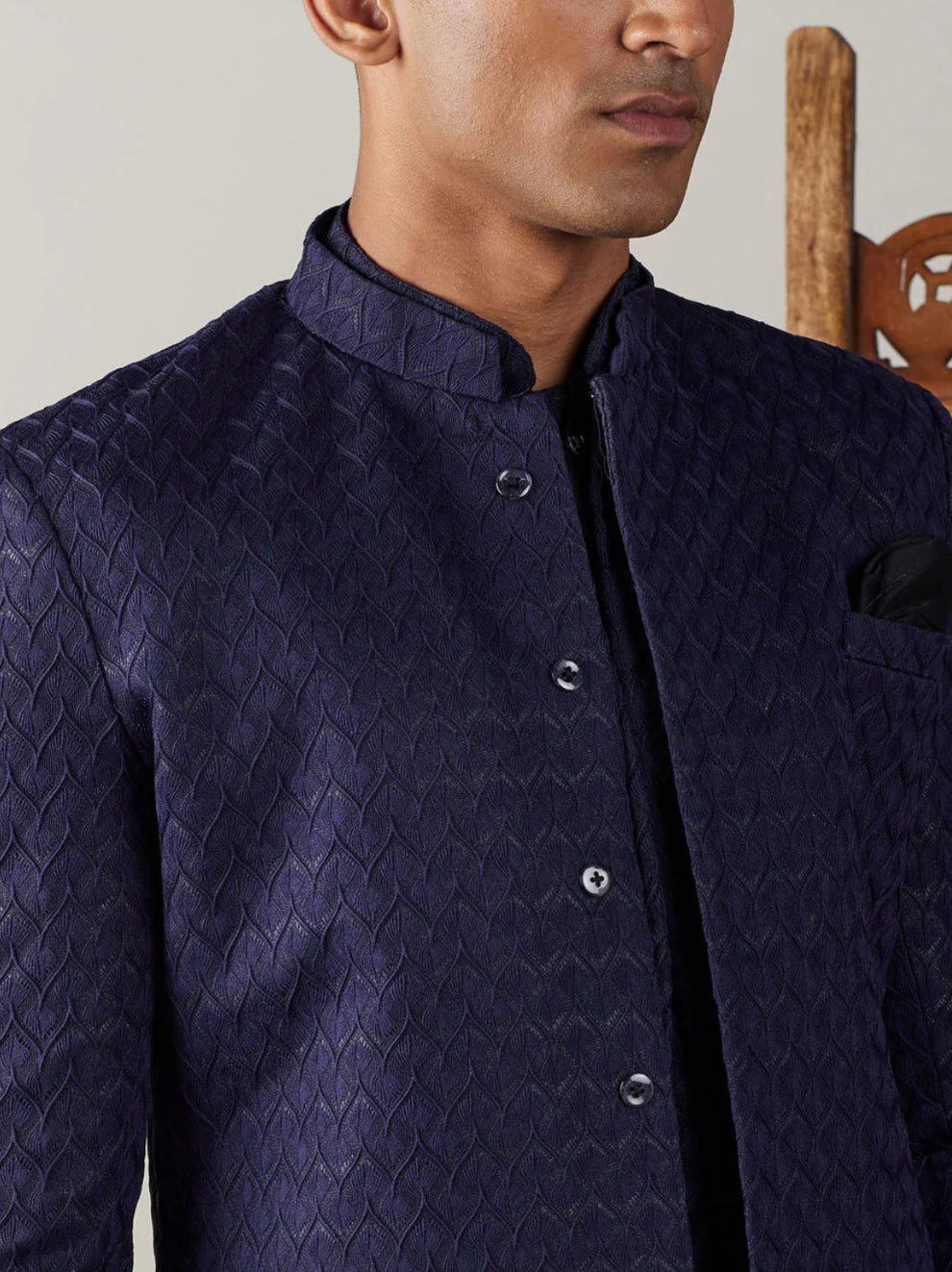 Ensemble Homme Sherwani avec Kurta Bleu Marine en Jacquard Premium