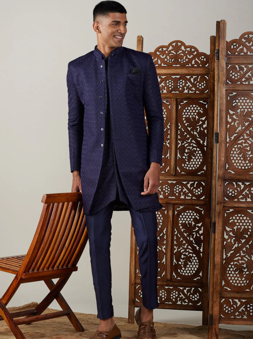 Ensemble Homme Sherwani avec Kurta Bleu Marine en Jacquard Premium