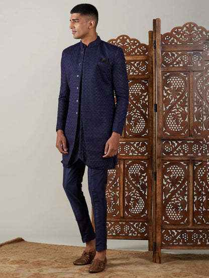Ensemble Homme Sherwani avec Kurta Bleu Marine en Jacquard Premium