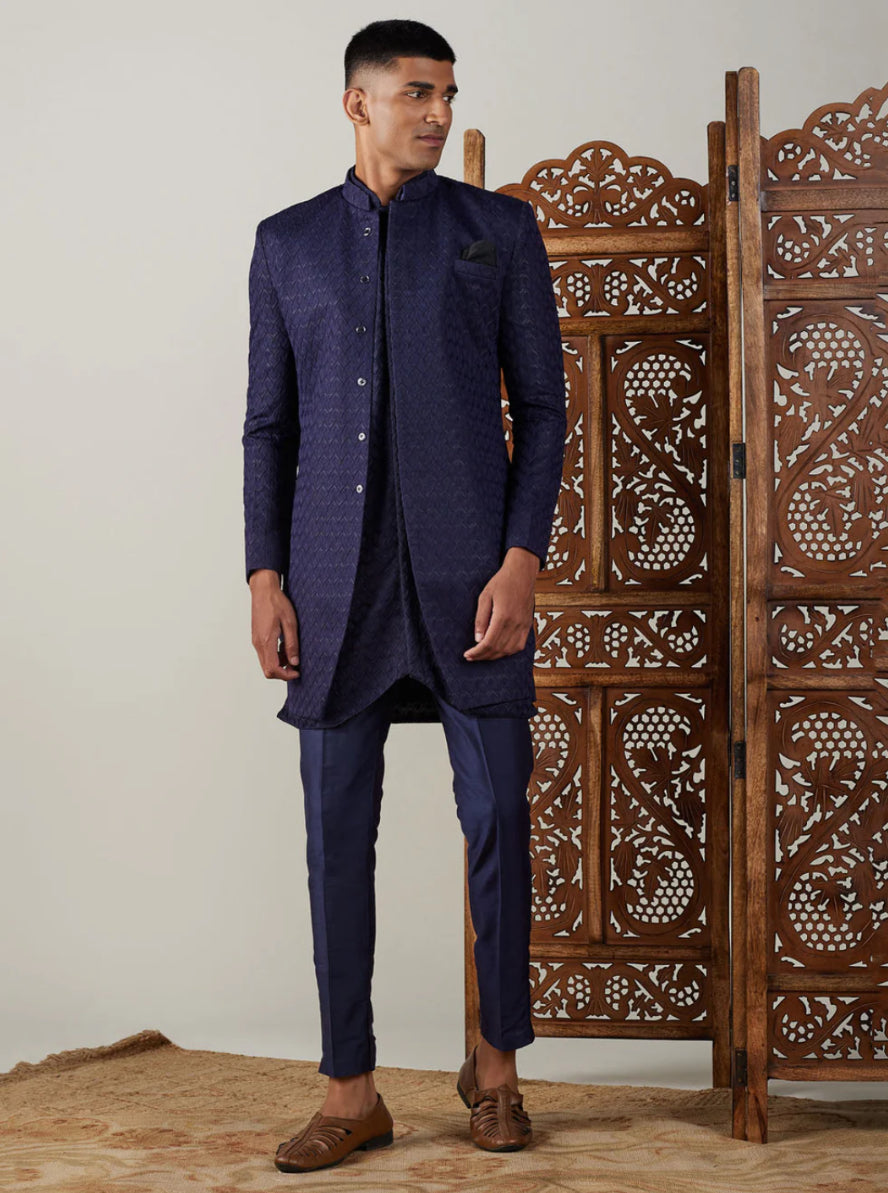 Ensemble Homme Sherwani avec Kurta Bleu Marine en Jacquard Premium