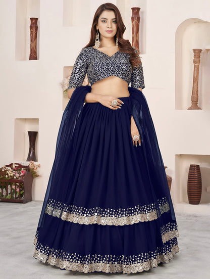 Lehenga bleu marine brillant de fête en georgette et broderies travaillées COLLECTION ANJALI