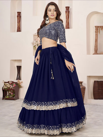 Lehenga bleu marine brillant de fête en georgette et broderies travaillées COLLECTION ANJALI