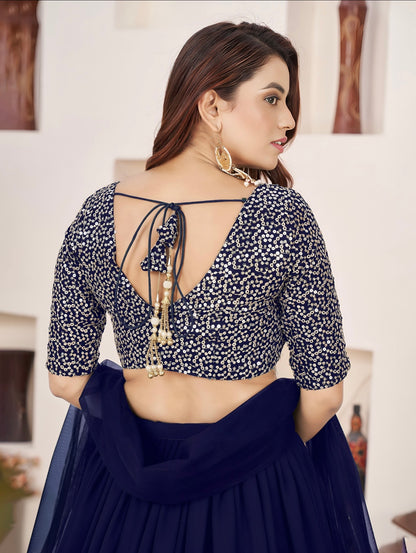 Lehenga bleu marine brillant de fête en georgette et broderies travaillées COLLECTION ANJALI