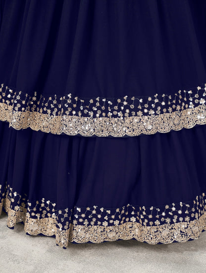 Lehenga bleu marine brillant de fête en georgette et broderies travaillées COLLECTION ANJALI