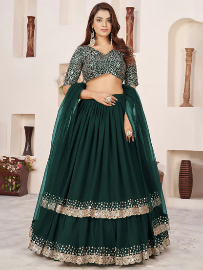 Lehenga vert foncé de fête en georgette et broderies travaillées COLLECTION ANJALI