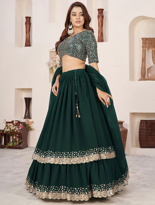 Lehenga vert foncé de fête en georgette et broderies travaillées COLLECTION ANJALI