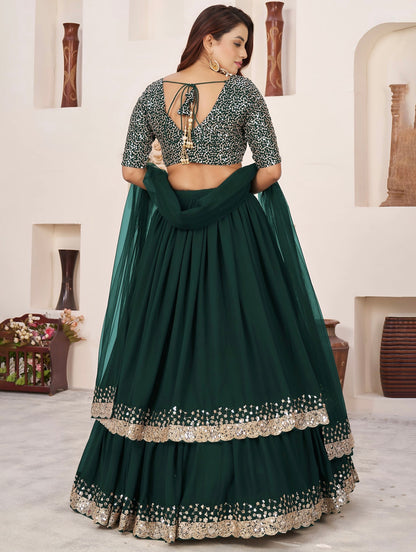Lehenga vert foncé de fête en georgette et broderies travaillées COLLECTION ANJALI
