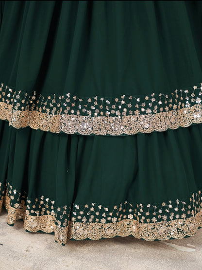 Lehenga vert foncé de fête en georgette et broderies travaillées COLLECTION ANJALI
