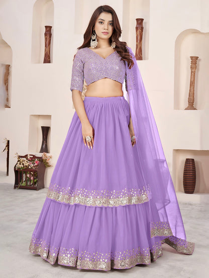 Lehenga violet lavande de fête en georgette et broderies travaillées COLLECTION ANJALI