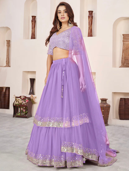 Lehenga violet lavande de fête en georgette et broderies travaillées COLLECTION ANJALI