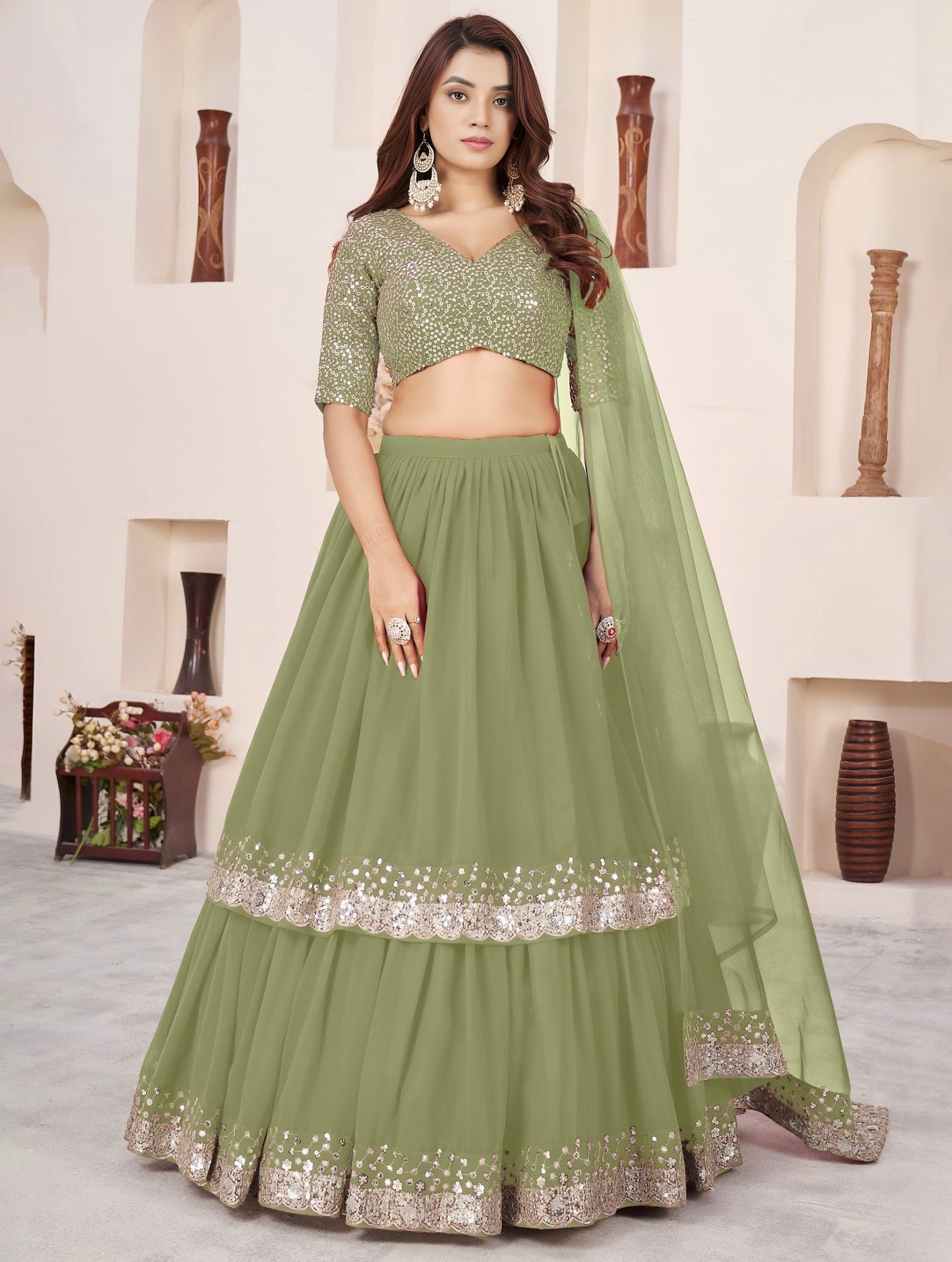 Lehenga vert olive de fête en georgette et broderies travaillées COLLECTION ANJALI