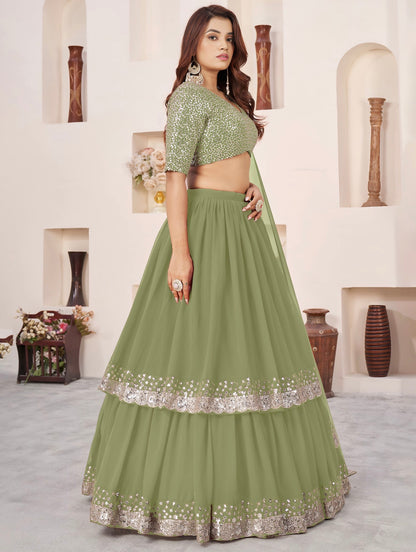 Lehenga vert olive de fête en georgette et broderies travaillées COLLECTION ANJALI