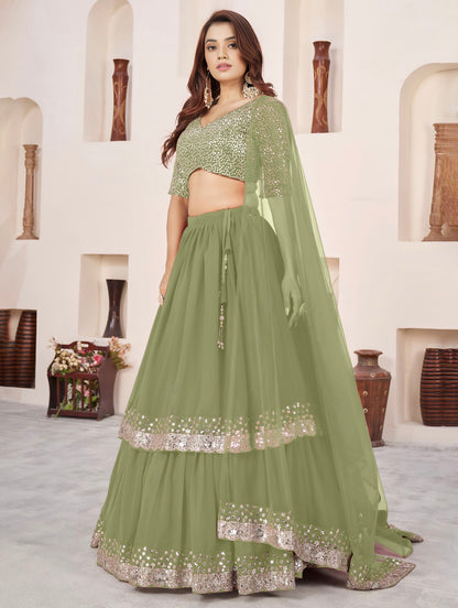 Lehenga vert olive de fête en georgette et broderies travaillées COLLECTION ANJALI