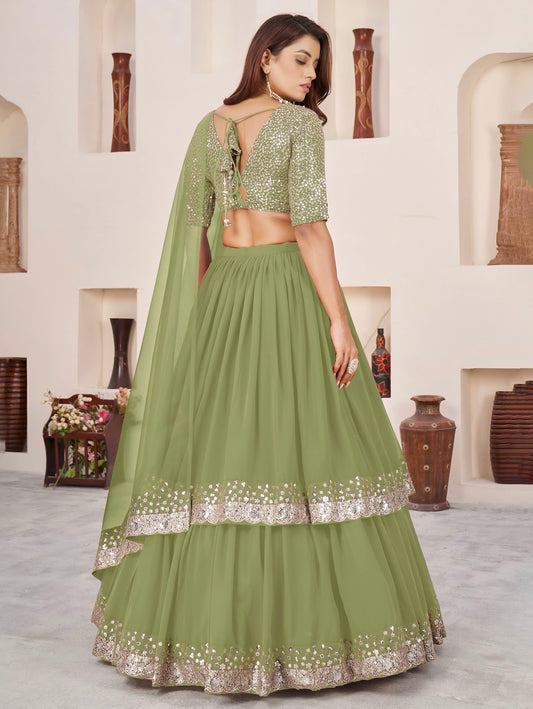 Lehenga vert olive de fête en georgette et broderies travaillées COLLECTION ANJALI