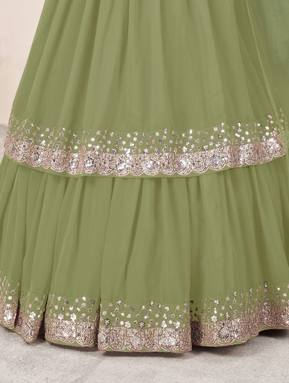 Lehenga vert olive de fête en georgette et broderies travaillées COLLECTION ANJALI