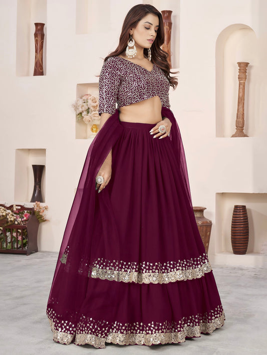 Lehenga violet raisin foncé de fête en georgette et broderies travaillées COLLECTION ANJALI