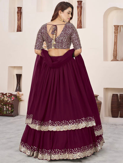 Lehenga violet raisin foncé de fête en georgette et broderies travaillées COLLECTION ANJALI
