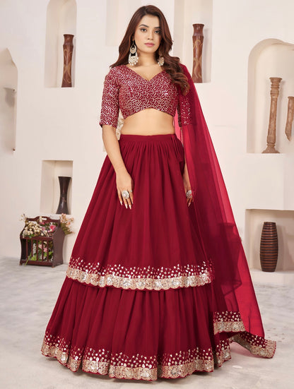 Lehenga rouge de fête en georgette et broderies travaillées COLLECTION ANJALI