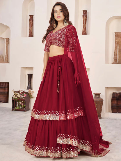 Lehenga rouge de fête en georgette et broderies travaillées COLLECTION ANJALI