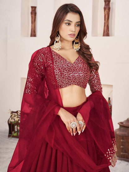 Lehenga rouge de fête en georgette et broderies travaillées COLLECTION ANJALI