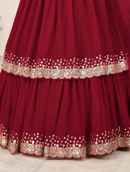 Lehenga rouge de fête en georgette et broderies travaillées COLLECTION ANJALI