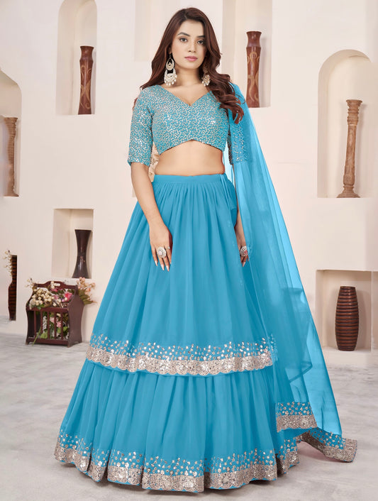 Lehenga bleu ciel de fête en georgette et broderies travaillées COLLECTION ANJALI