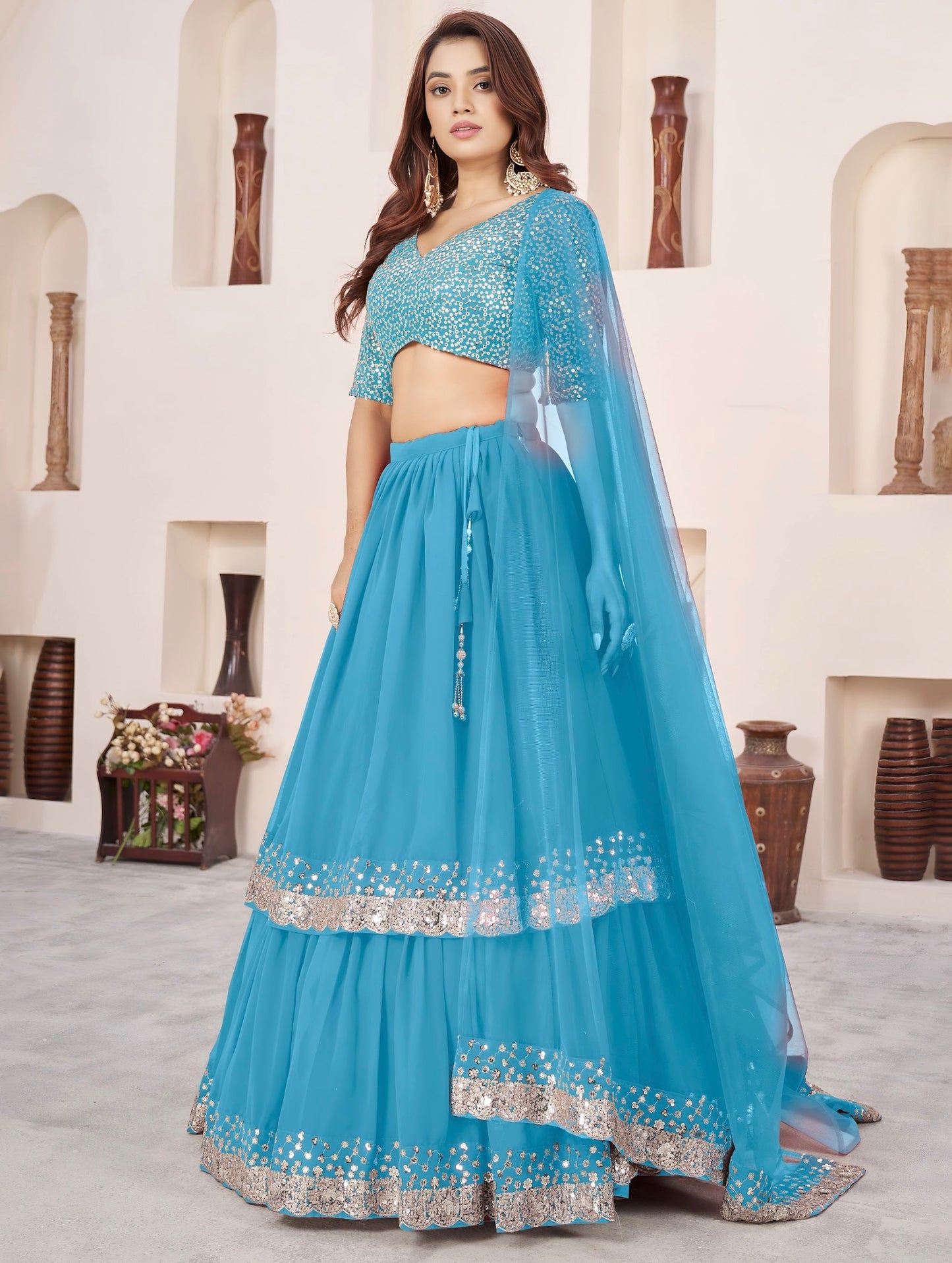 Lehenga bleu ciel de fête en georgette et broderies travaillées COLLECTION ANJALI
