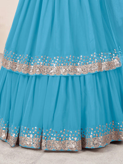 Lehenga bleu ciel de fête en georgette et broderies travaillées COLLECTION ANJALI