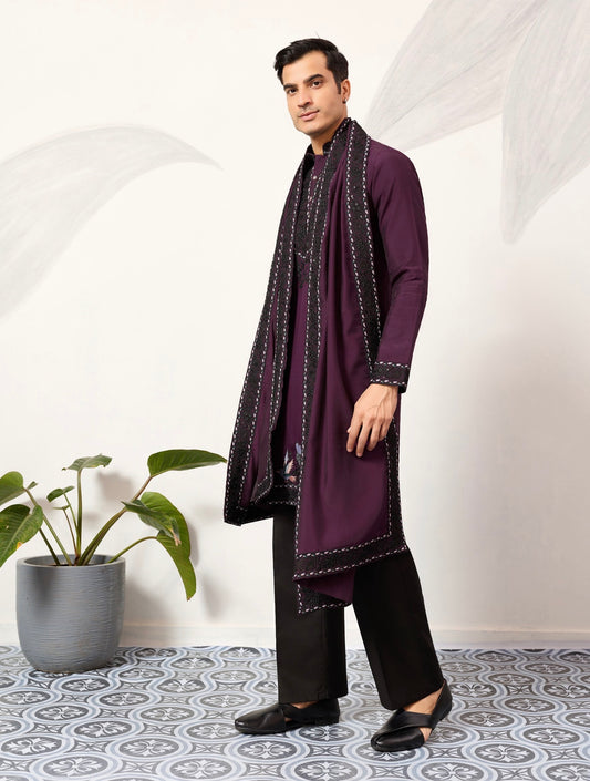 Ensemble Homme Kurta violet foncé et noir à motifs oiseaux doux avec dupatta COLLECTION AJIT