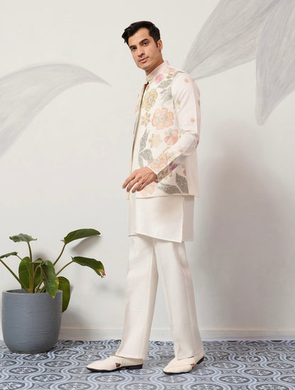 Ensemble Kurta Vesti Koti Homme blanc crème avec motifs floraux délicats et broderies de sequins COLLECTION VIVAAN