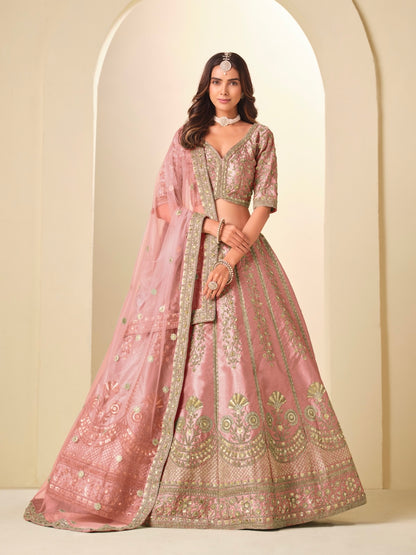 Lehenga rose clair en soie artificielle avec broderies scintillantes COLLECTION MELINA