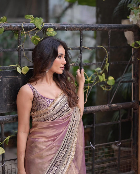 Red sari in handwoven Brasso satin silk with floral motifs
