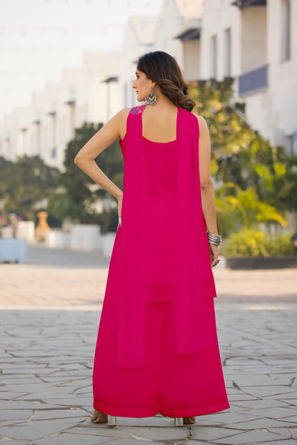 Ensemble Salwar Rose Fuchsia en Chinon avec Broderie à Sequins