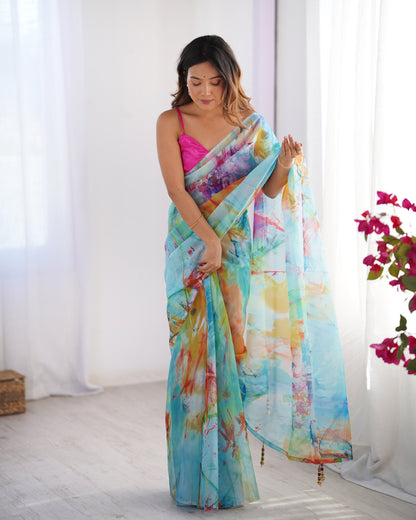 Sari moderne rose et bleu multicolore COLLECTION ALANA