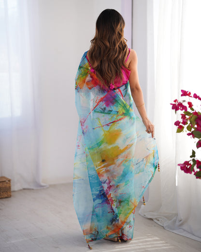 Sari moderne rose et bleu multicolore COLLECTION ALANA
