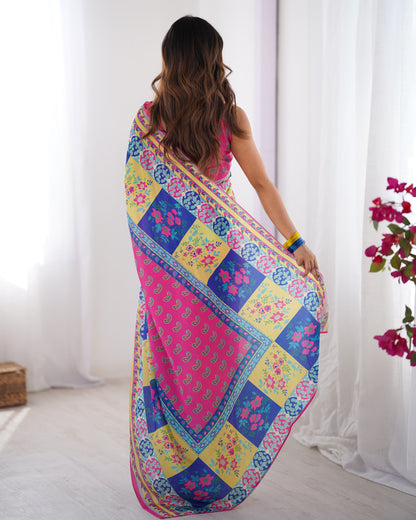 Sari moderne rose et bleu multicolore imprimé ethnique COLLECTION ALANA