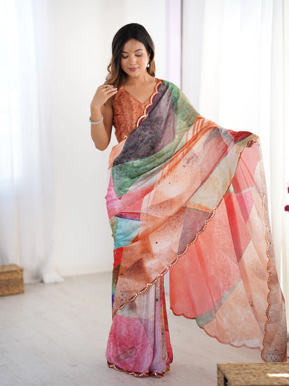 Sari en chinon orange clair multicolore avec finitions miroirs COLLECTION SONIYA
