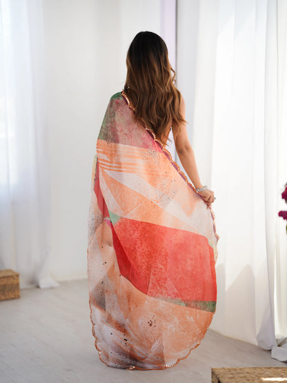 Sari en chinon orange clair multicolore avec finitions miroirs COLLECTION SONIYA