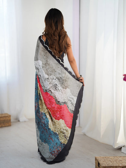 Sari en chinon noir multicolore avec finitions miroirs COLLECTION SONIYA
