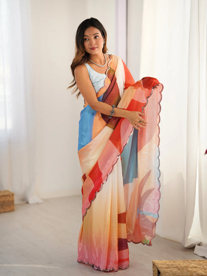 Sari en chinon bleu ciel multicolore avec finitions miroirs COLLECTION SONIYA