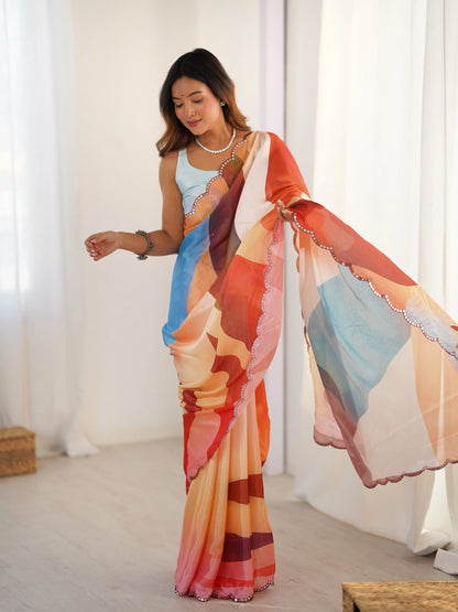 Sari en chinon bleu ciel multicolore avec finitions miroirs COLLECTION SONIYA