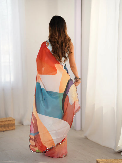 Sari en chinon bleu ciel multicolore avec finitions miroirs COLLECTION SONIYA
